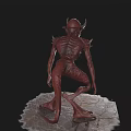 Red Horned Demon Game Movie Character with Sharp Teeth Claws Standing on Rock Base