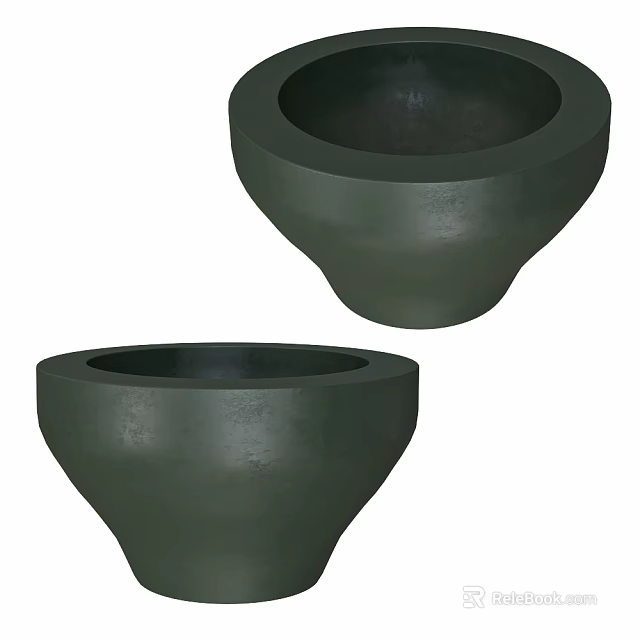 Two Dark Green Modern Bowl Shaped Decorative Planters With Matte Surface 3d model 