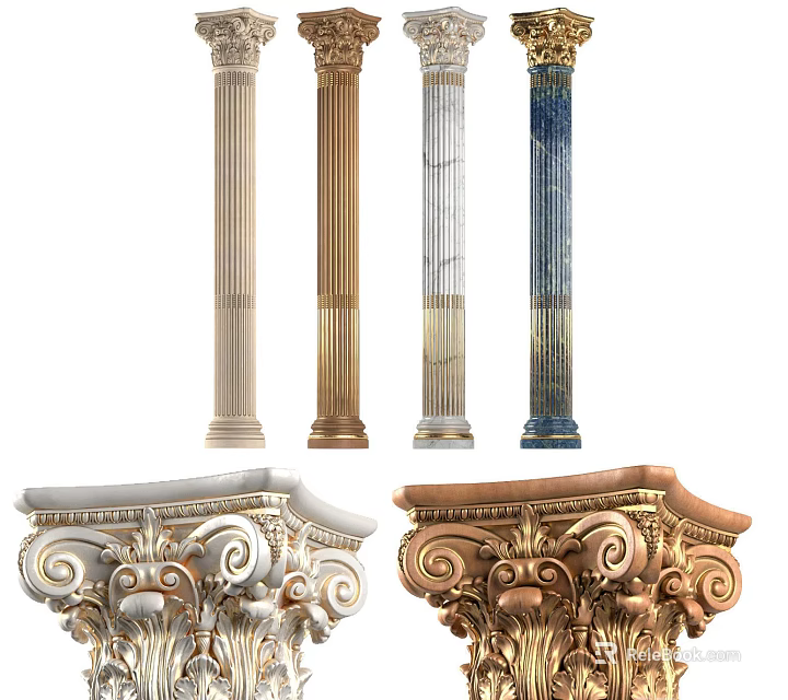 Classical Roman Columns With Marble Golden Blue Finishes And Intricate Carved Capitals 3d model 