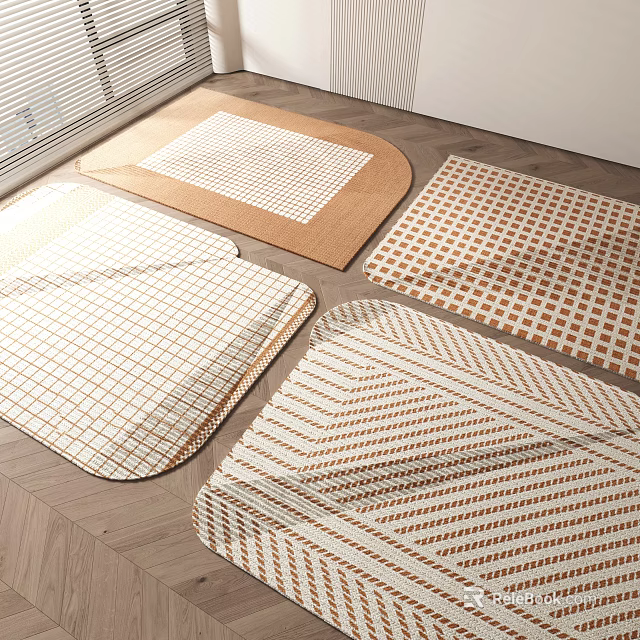 Modern Square Rugs With Plaid And Striped Patterns On Wooden Floor 3d model 
