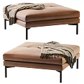 Modern Brown Upholstered Ottoman with Black Legs and Woven Blanket Decor