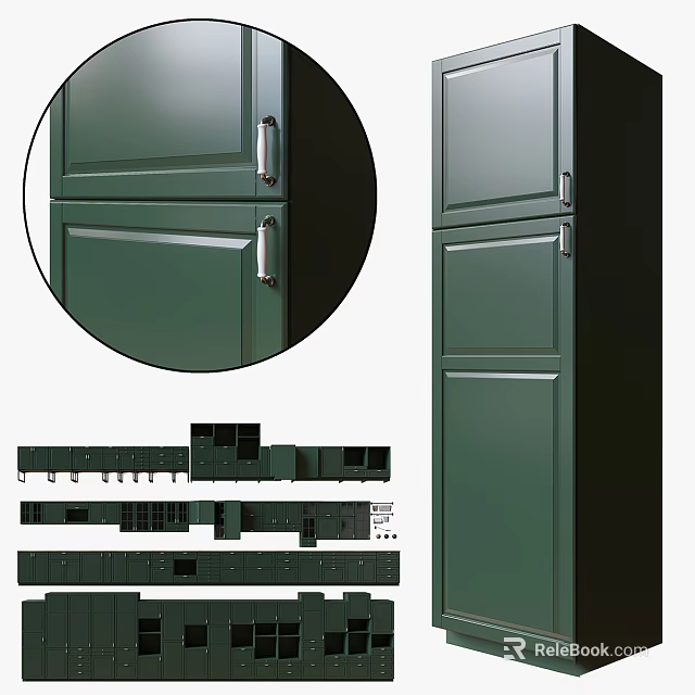Green Kitchen Cabinets Design With Metal Handles And Component Details 3d model 