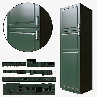Green Kitchen Cabinets Design With Metal Handles And Component Details 3d model