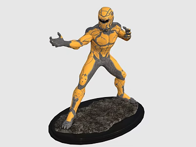 Game Movie Character In Yellow Gray Armor Dynamic Action Pose Standing On Black Rock Base 3d model