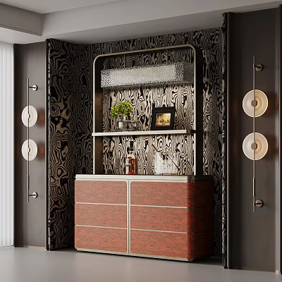 Elegant Wooden Wine Cabinet With Decorative Wall Panel Green Plant And Glassware 3d model