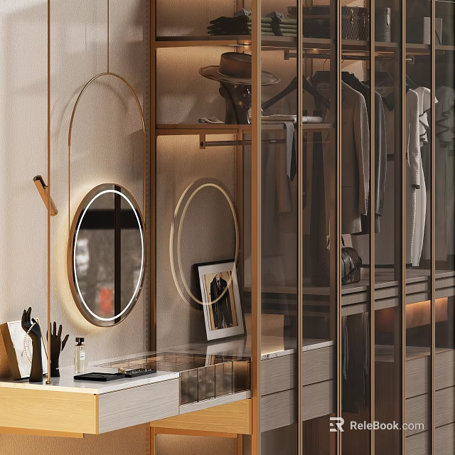 Modern Wardrobe Design With Glass Doors Golden Frame Round Mirror And Hanging Clothes 3d model 