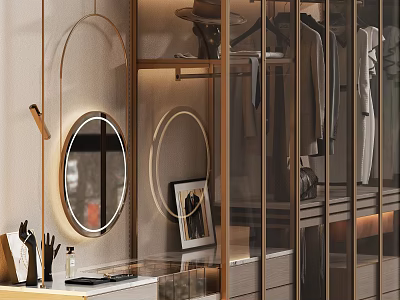 Modern Wardrobe Design With Glass Doors Golden Frame Round Mirror And Hanging Clothes 3d model