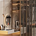 Modern Wardrobe Design With Glass Doors Golden Frame Round Mirror And Hanging Clothes