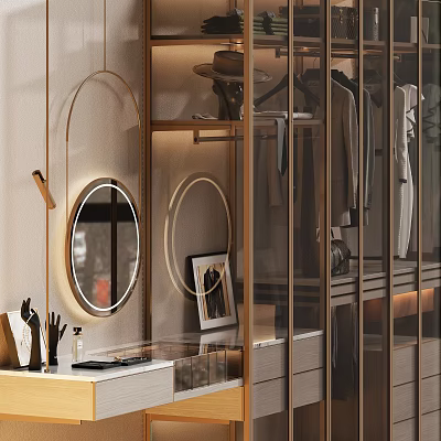 Modern Wardrobe Design With Glass Doors Golden Frame Round Mirror And Hanging Clothes 3d model