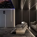 Home Theater Interior With Starry Ceiling LED Strip Lights Gray Recliner Chairs And Dark Walls