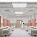 Hospital Outpatient Clinic Interior With Multiple Beds Red Striped Walls Ceiling Lighting And Medical Staff