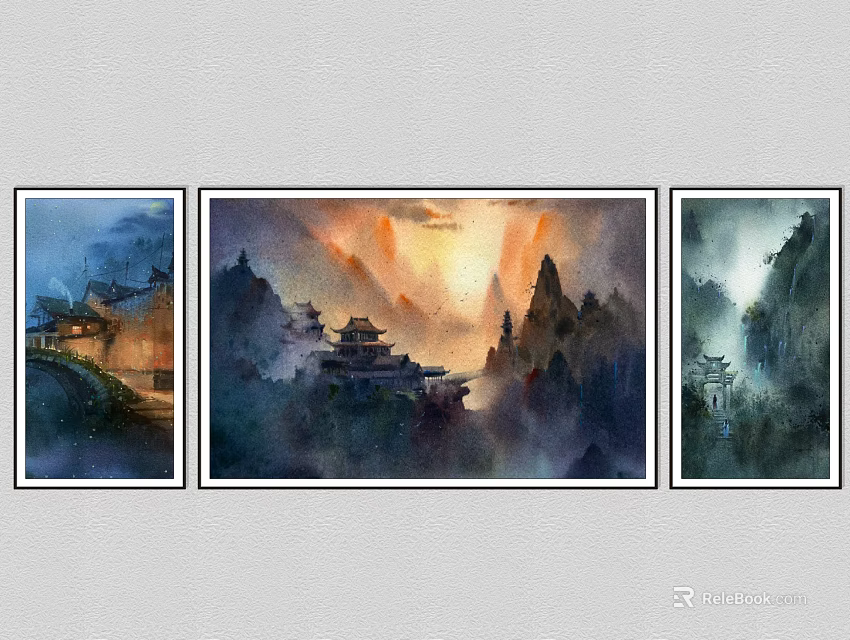 Ink Wash Style Landscape Paintings With Ancient Pavilions Misty Mountains And Sunset Light 3d model 