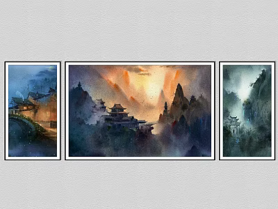 Ink Wash Style Landscape Paintings With Ancient Pavilions Misty Mountains And Sunset Light 3d model