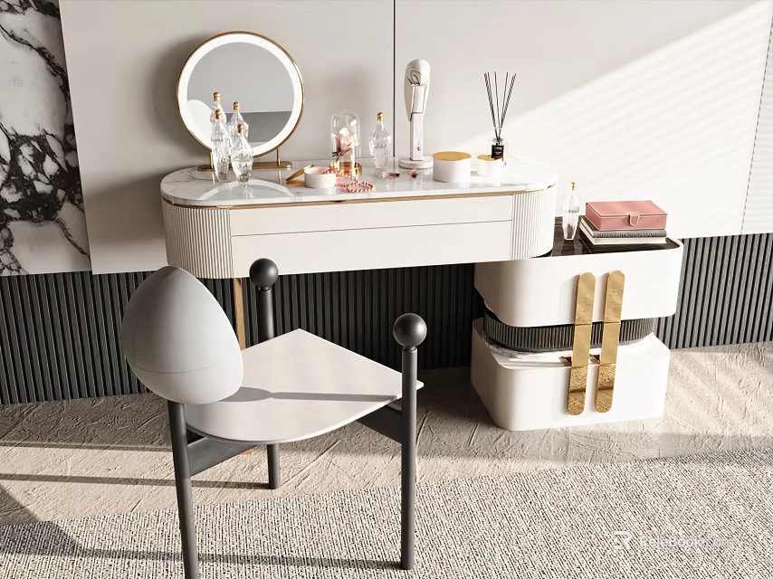 Modern Elegant Dressing Table With Round Mirror Gold Accents Storage Drawers Cosmetics And Chair 3d model 