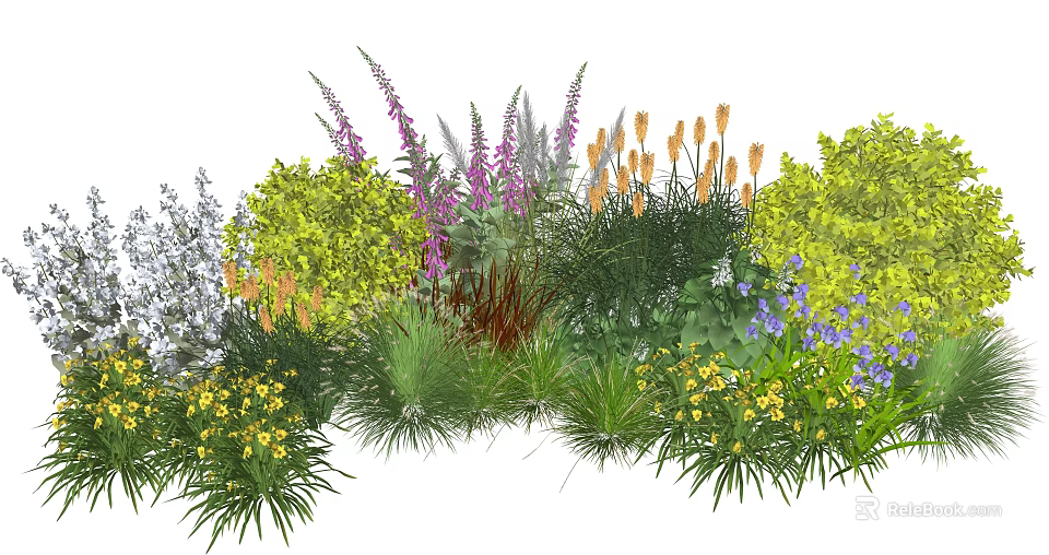 Vibrant Plant Combination With Purple Flowers Orange Blooms Yellow Small Flowers And Green Foliage 3d model 