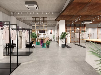 Modern Clothing Store Interior With Open Space Clothing Racks And Plants 3d model