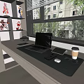 Modern Laptop Workspace Setup With Tablet Smartphone Coffee Cup And Eyeglasses On Desk By Window