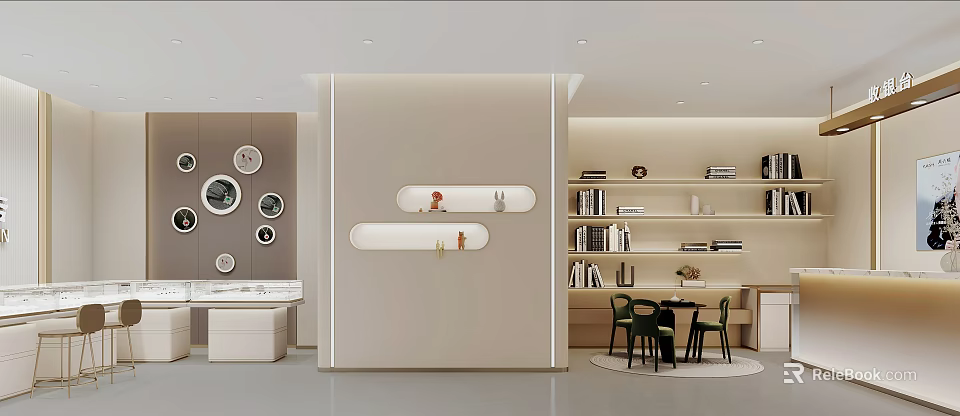 Modern Jewelry Store Interior With Display Niches Wall Clocks And Seating 3d model 