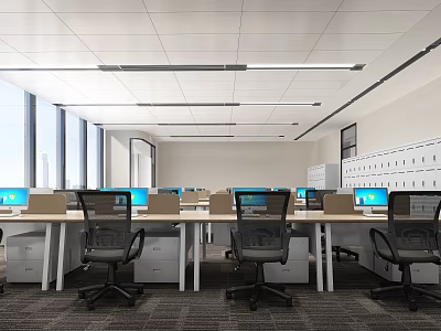 Modern Open Public Office Space With Multiple Workstations Computers Desks Office Chairs Windows And Lockers 3d model