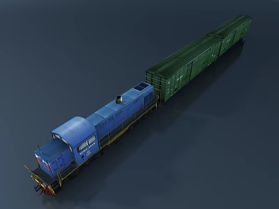 Blue Locomotive Pulling Green Freight Cars In Modern Train Model 3d model