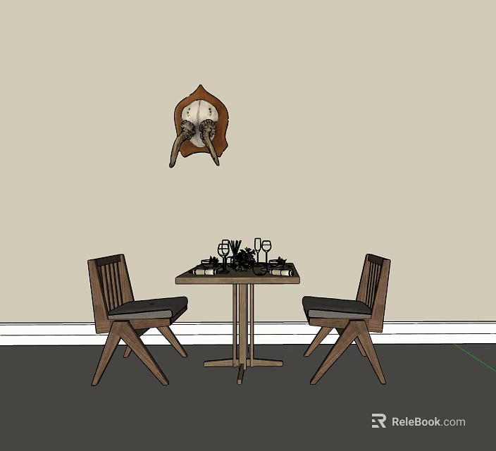 Wooden Dining Table Set With Two Chairs Tabletop Decorations And Wall Decor 3d model 