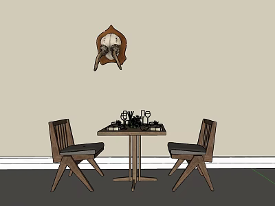 Wooden Dining Table Set With Two Chairs Tabletop Decorations And Wall Decor 3d model