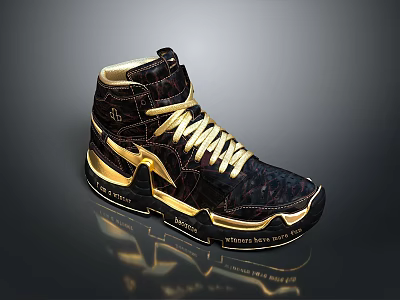 Stylish High Top Shoes With Black And Gold Crocodile Pattern Golden Laces And Reflective Sole 3d model