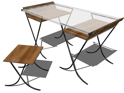 Modern Transparent Glass Top Desk With Wooden Elements Metal Legs And Matching Stool 3d model