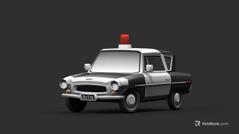 Cartoon Style Police Car With Red Siren Light And Black White Color 3d model 