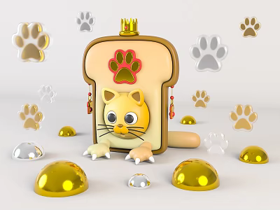 Decorative Ornament Set Bread Shaped Yellow Cat Golden Crown Gold Silver Paw Prints Golden Balls 3d model