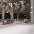 Modern Luxury Restaurant Featuring Fish Shaped Chandeliers Large Windows Ocean View Yellow Seats Marble Flooring