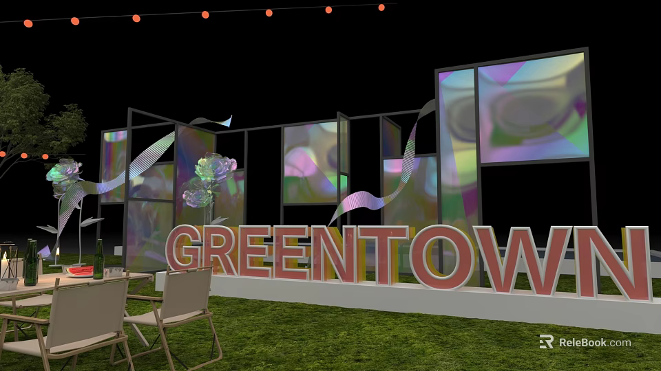 GREENTOW Commercial Equipment With Colorful Transparent Display Panels And Chairs In Outdoor Grass Area 3d model 