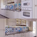 Stylish White Kitchen Cabinets With Colorful Tile Backsplash And Modern Appliances