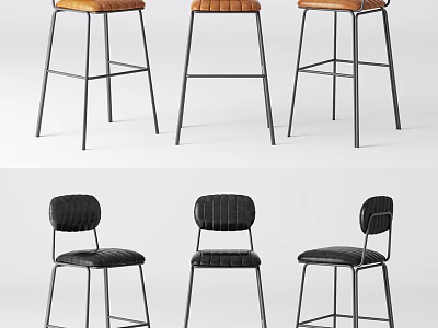 Stylish Brown And Black Leather Bar Stools With Metal Frame Design 3d model