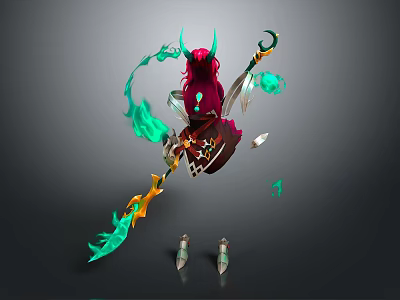 Fantasy Character Design With Red Hair Green Horns Green Flame Weapon And Boots 3d model