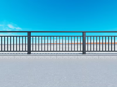 Outdoor Black Metal Railing With Vertical Bars Against Blue Sky And Open Water View 3d model