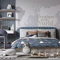 Kids Room Interior With Adventure World Map Blue Bed Bookshelf And Desk