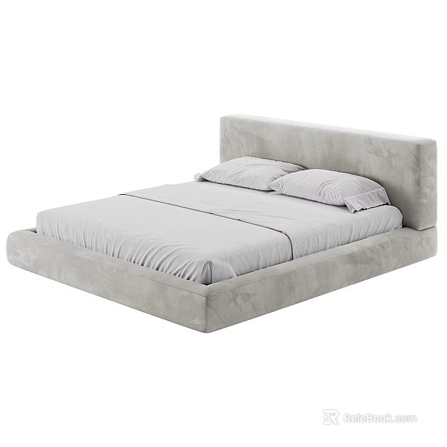 Modern Light Gray Upholstered Double Bed with Soft Headboard and Two Pillows 3d model