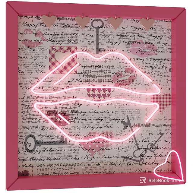 Pink Neon Lips Design With Handwritten Text And Heart Patterns On Vintage Paper Background 3d model 
