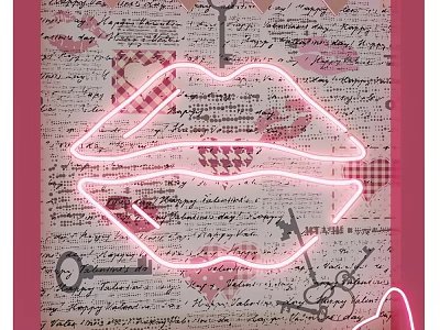 Pink Neon Lips Design With Handwritten Text And Heart Patterns On Vintage Paper Background 3d model