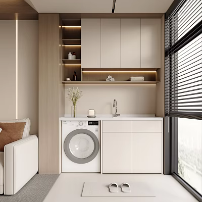 Home Balcony Featuring Washing Machine Sink White Cabinets Wooden Shelves And Vase With Flowers 3d model