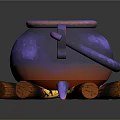 Purple Metallic Cauldron With Handles On Burning Logs And Flames