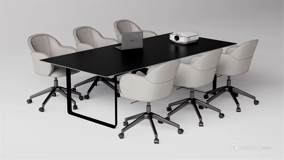 Black Conference Table With White Chairs Laptop And Projector In Meeting Room 3d model 