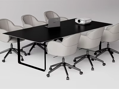 Black Conference Table With White Chairs Laptop And Projector In Meeting Room 3d model