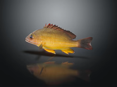 Yellow Fish With Red Fins Swimming On Dark Background With Reflection 3d model