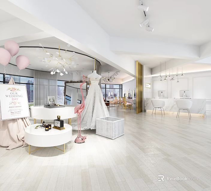 Elegant Bridal Shop with Wedding Dress Display Pink Balloons Flamingo Signboard White Counter And Chandeliers 3d model 