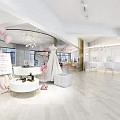 Elegant Bridal Shop with Wedding Dress Display Pink Balloons Flamingo Signboard White Counter And Chandeliers