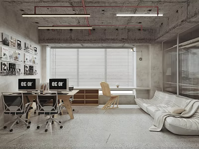 Modern Industrial Office Interior Design with Desks Computers Chairs Sofa Window Blinds and Wall Decor 3d model