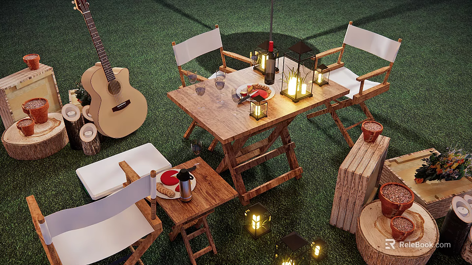 Outdoor Wooden Table and Chair Set With Candle Lanterns Guitar and Clay Pots on Grass 3d model 