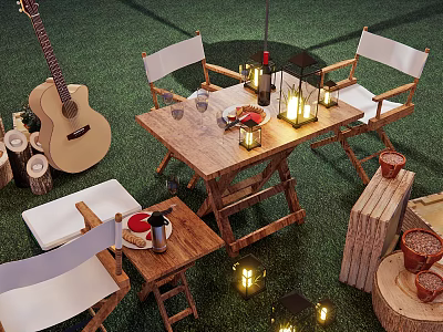 Outdoor Wooden Table and Chair Set With Candle Lanterns Guitar and Clay Pots on Grass 3d model